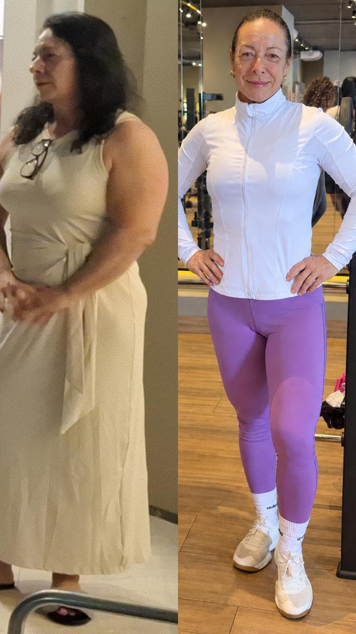 Montagem de dois registros fotográficos de uma mulher, com vestido à esquerda e roupa de treino à direita