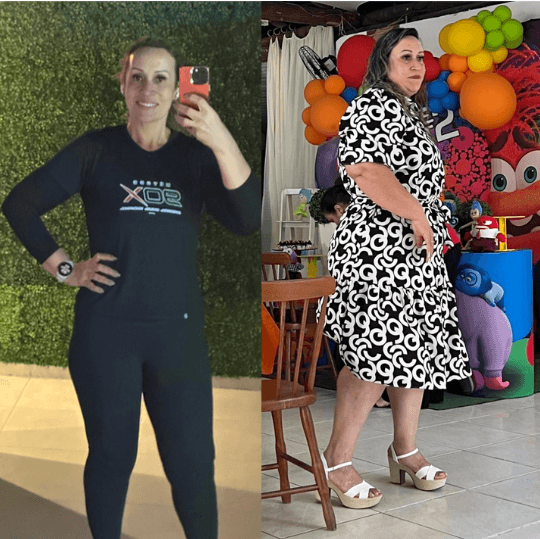 Montagem de dois registros fotográficos de uma mulher, com roupa de treino preta à esquerda e vestido estampado à direita
