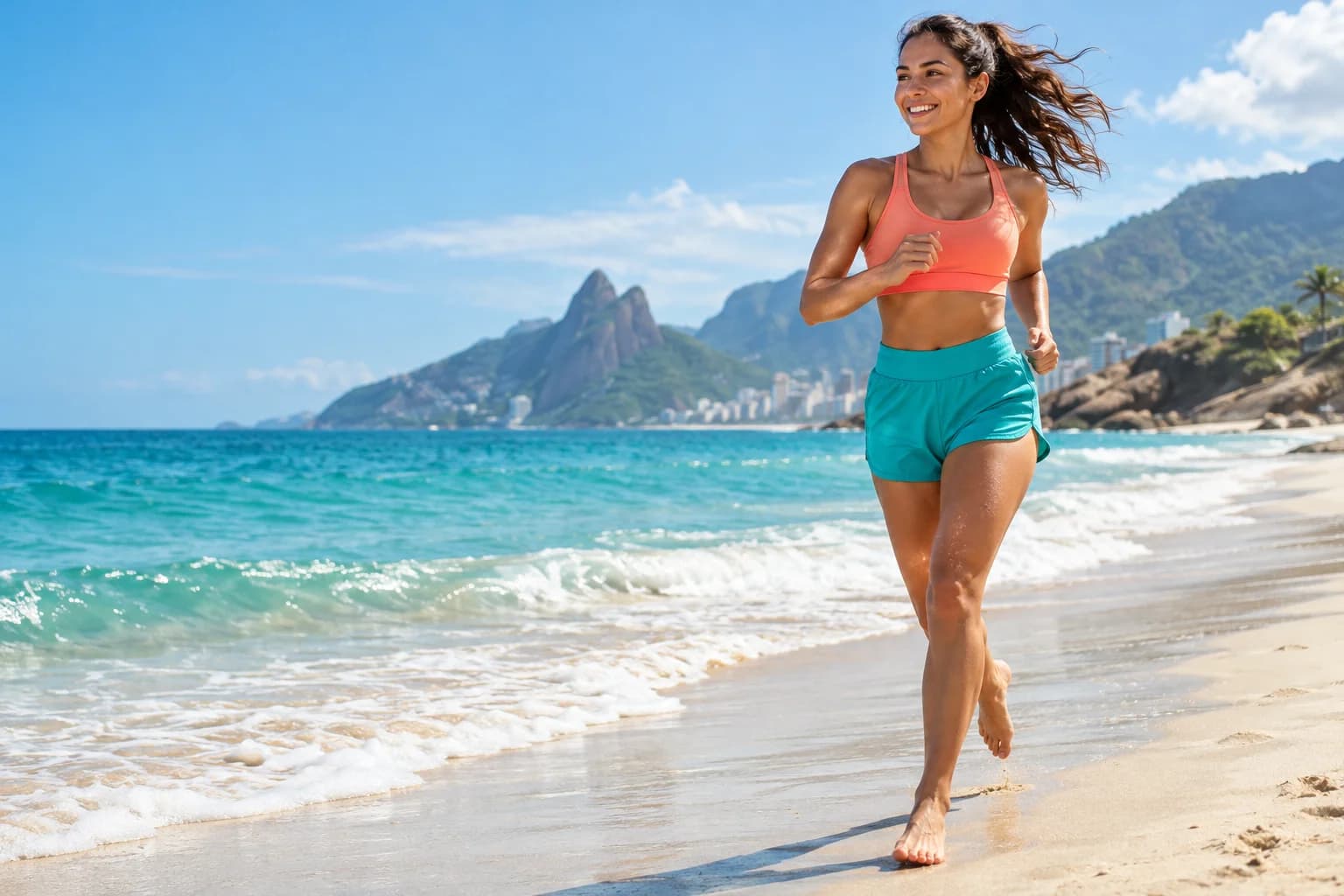 Imagem ilustrativa de uma mulher se movimentando com alegria à beira-mar